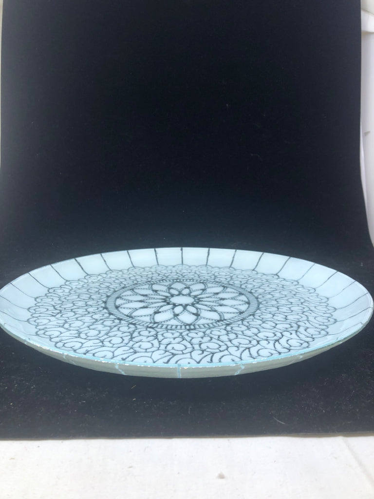 LIGHT BLUE/CLEAR GLASS MEDALLION PATTERN PLATTER SIGNED.