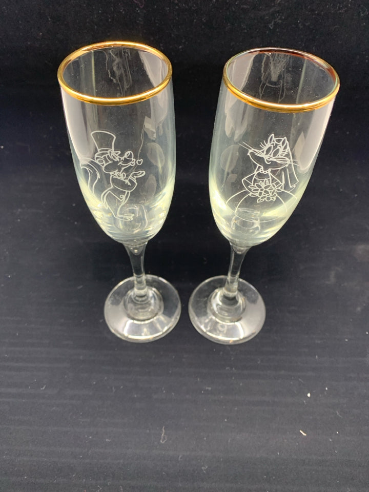 2 ETCHED WEDDING CHAMPAGNE GLASSES W GOLD RIMS.