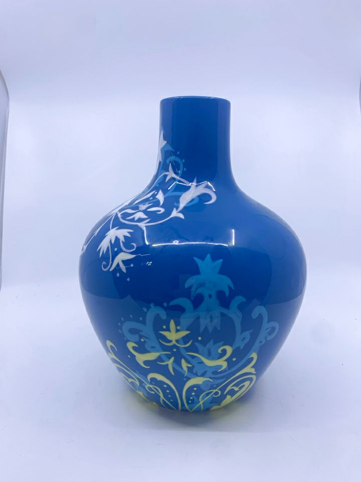 BLUE VASE W YELLOW WHITE DETAIL.