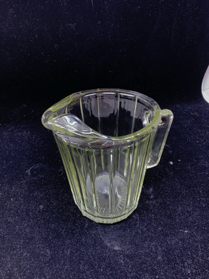 RIBBED GLASS PITCHER ICE LIP SQUARE HANDLE.