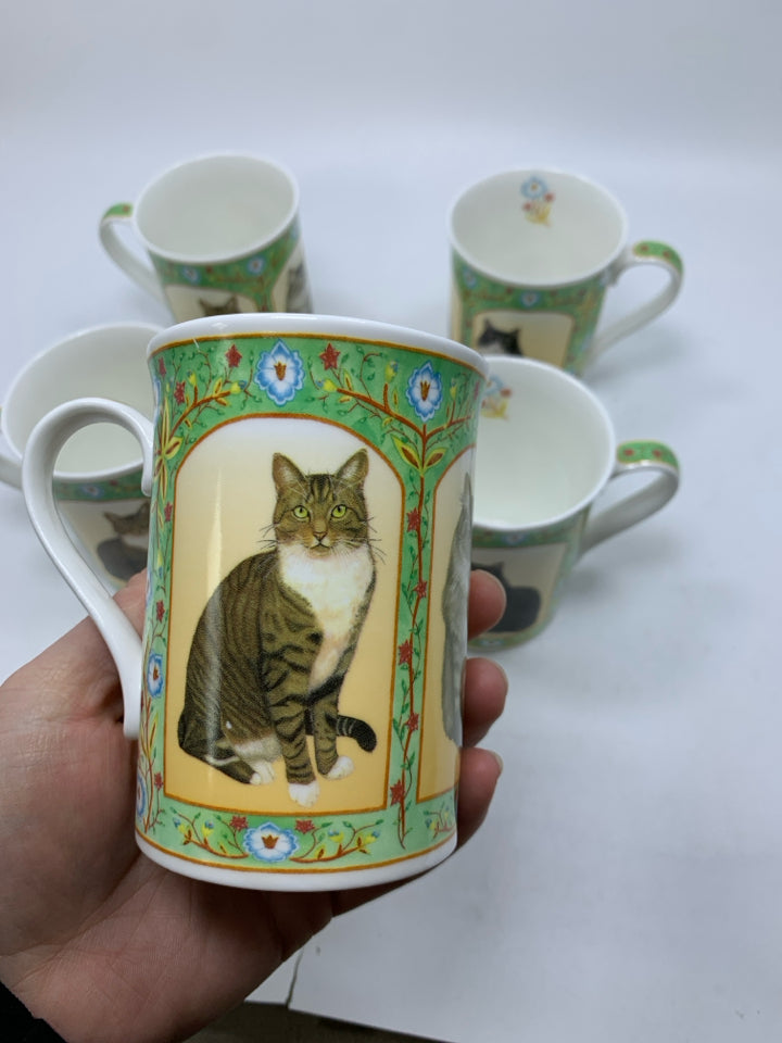 5 BONE CHINA ASSORTED CAT MUGS.