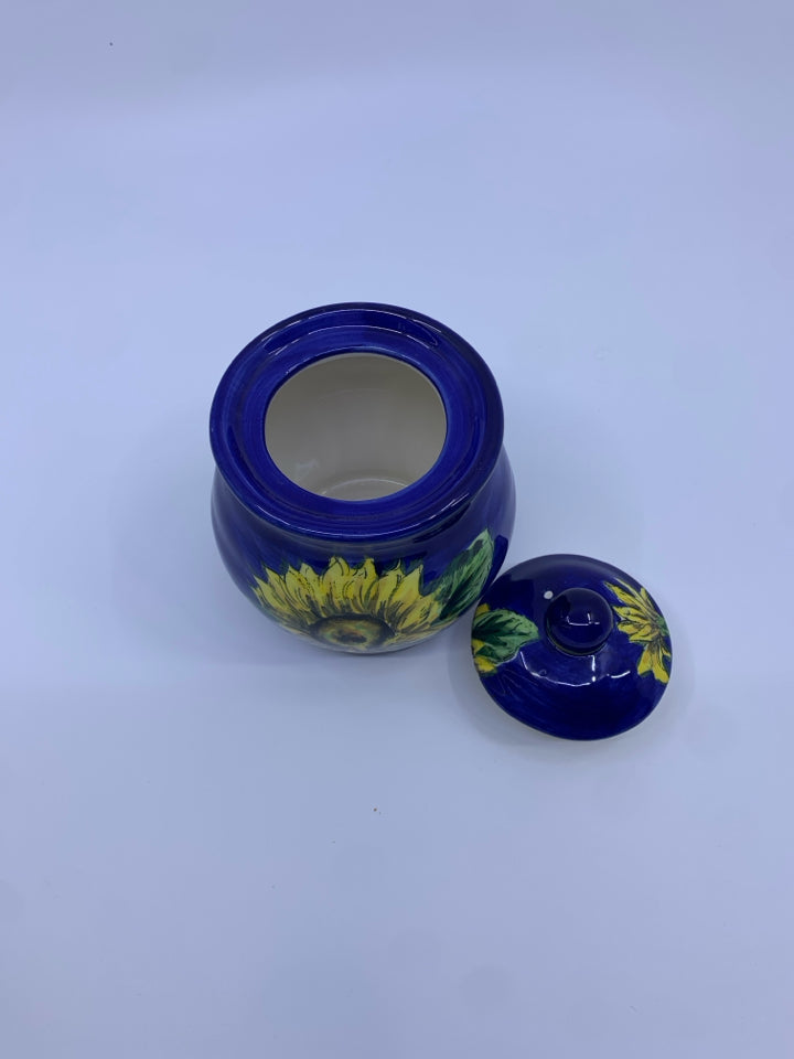 DARK BLUE CANISTER/ SUGAR BOWL W SUNFLOWER.