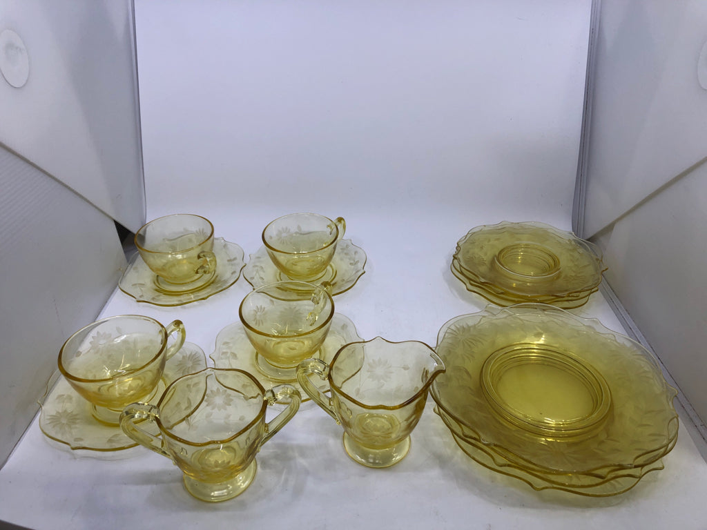 18PC VTG YELLOW DEPRESSION GLASS EMBOSSED FLOWERS DINNER SET.