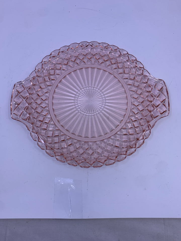 VTG PINK GLASS CAKE PLATE SERVER.