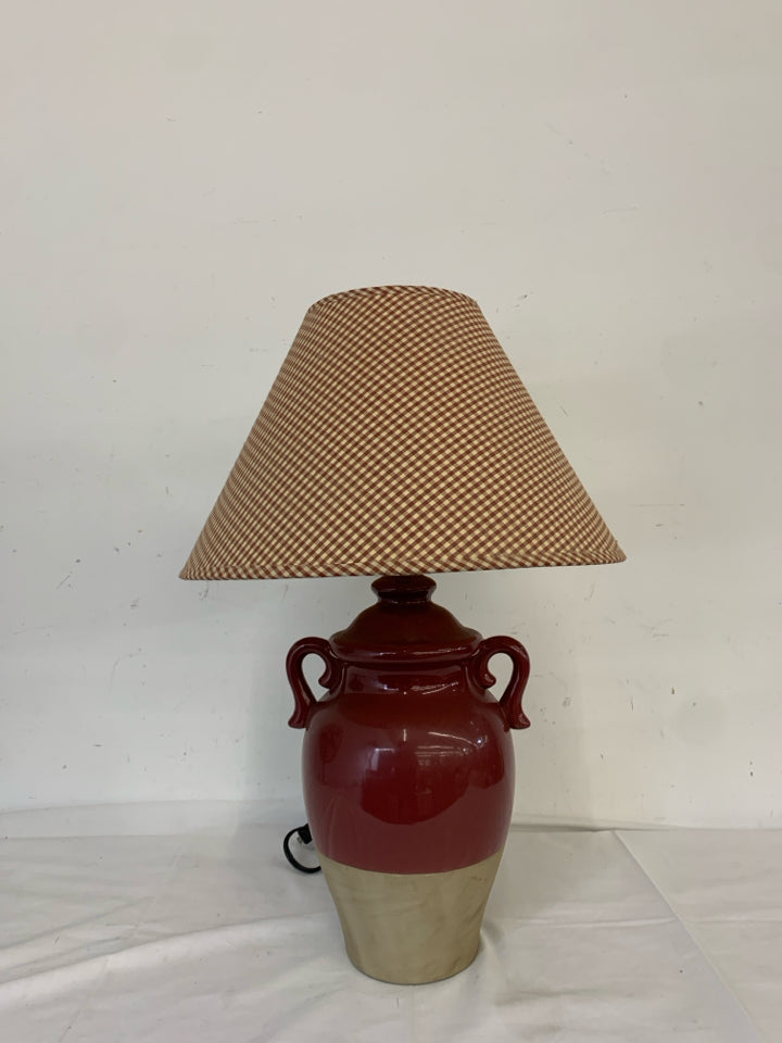 PRIMITIVE RED TAN JUG LAMP W RED SHADE.