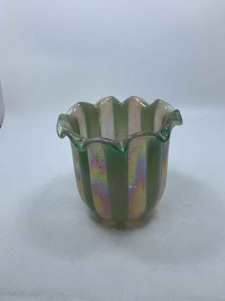 GLASS RIBBED IRIDESCENT PLANTER W/ UNEVEN EDGE.