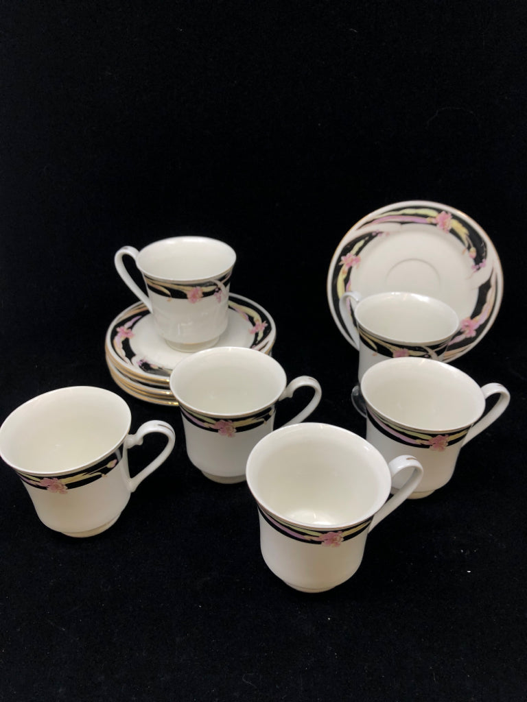 12 PC TEACUP AND SAUCER PINK/BLACK FLORAL.