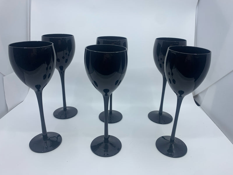 6 BLACK WIDE WINE GLASSES.