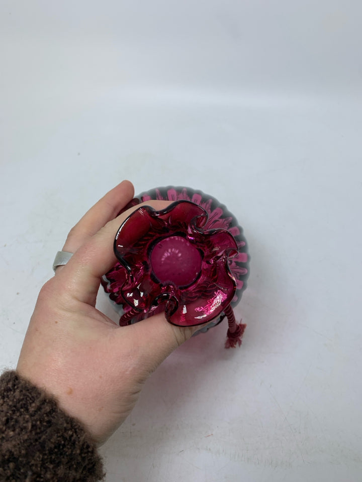 VTG CRANBERRY HAND BLOWN SACK VASE W/ CORD.