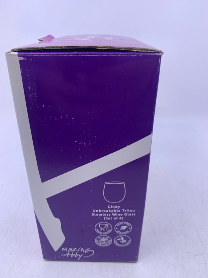 NIB 4 STEMLESS CLEAR PLASTIC WINE GLASSES.