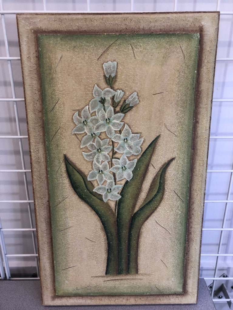 WHITE FLOWERS ON TEXTURED CANVAS.