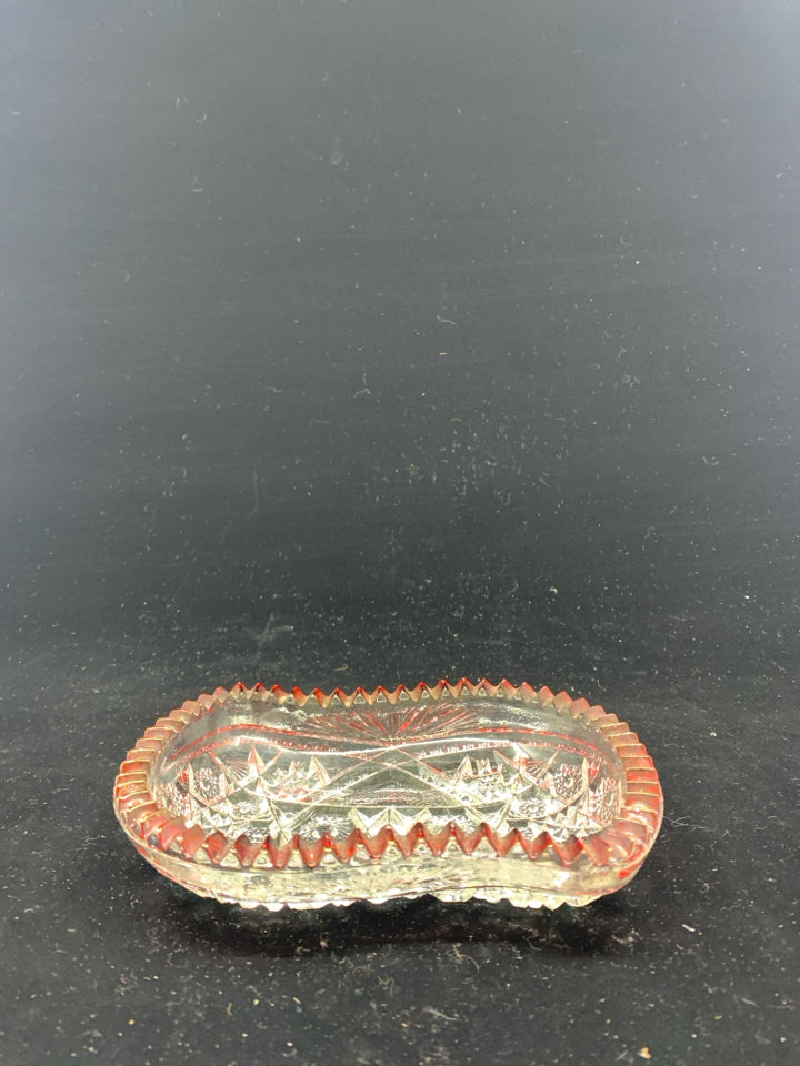 VTG CUT GLASS W/ RED SAWTOOTH EDGE BOWL.