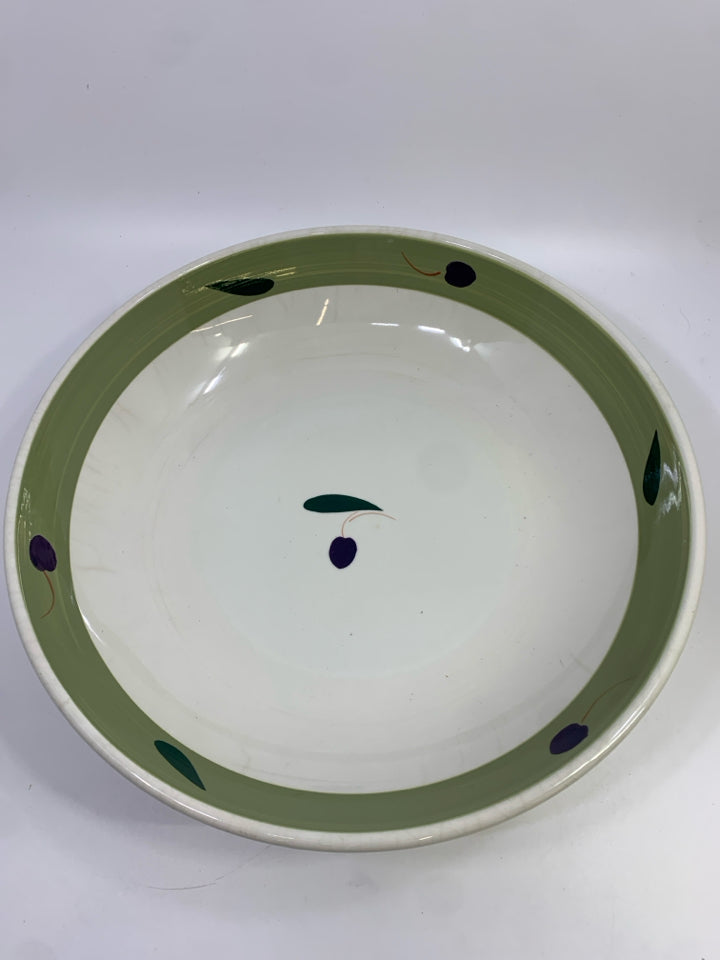 OLIVE PAINTED SERVING BOWL W/GREEN EDGE.