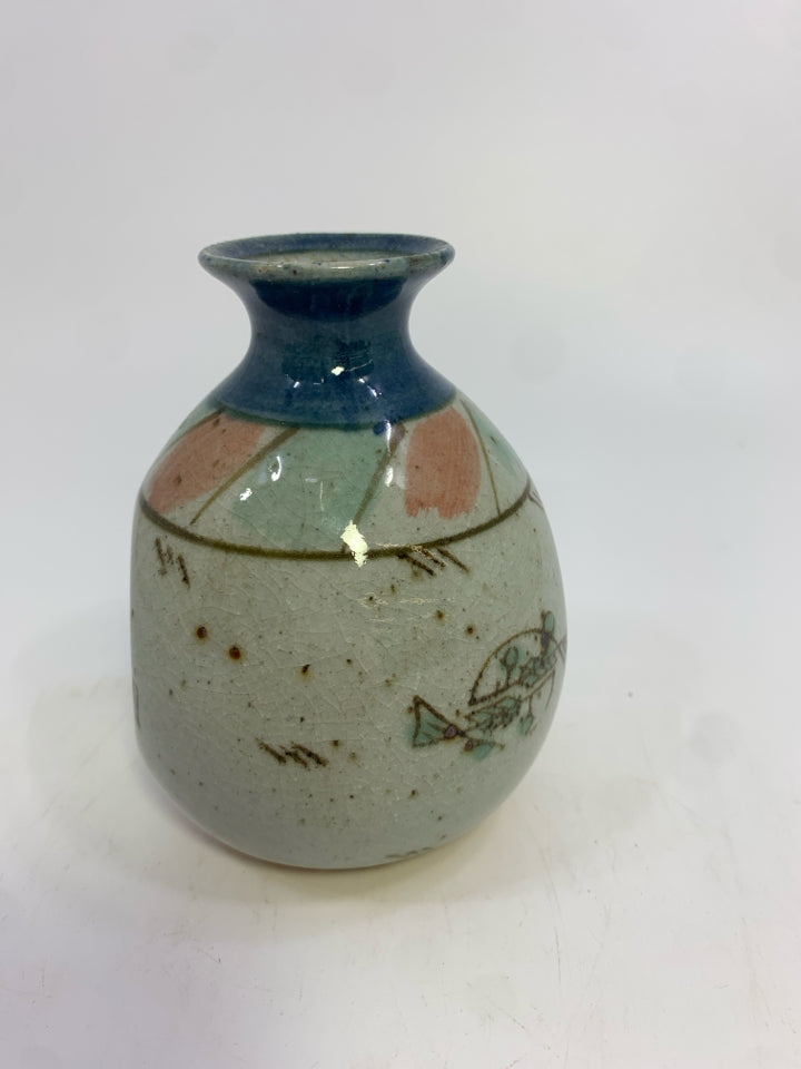 CERAMIC SAKE FLASK W/BLUE NECK.