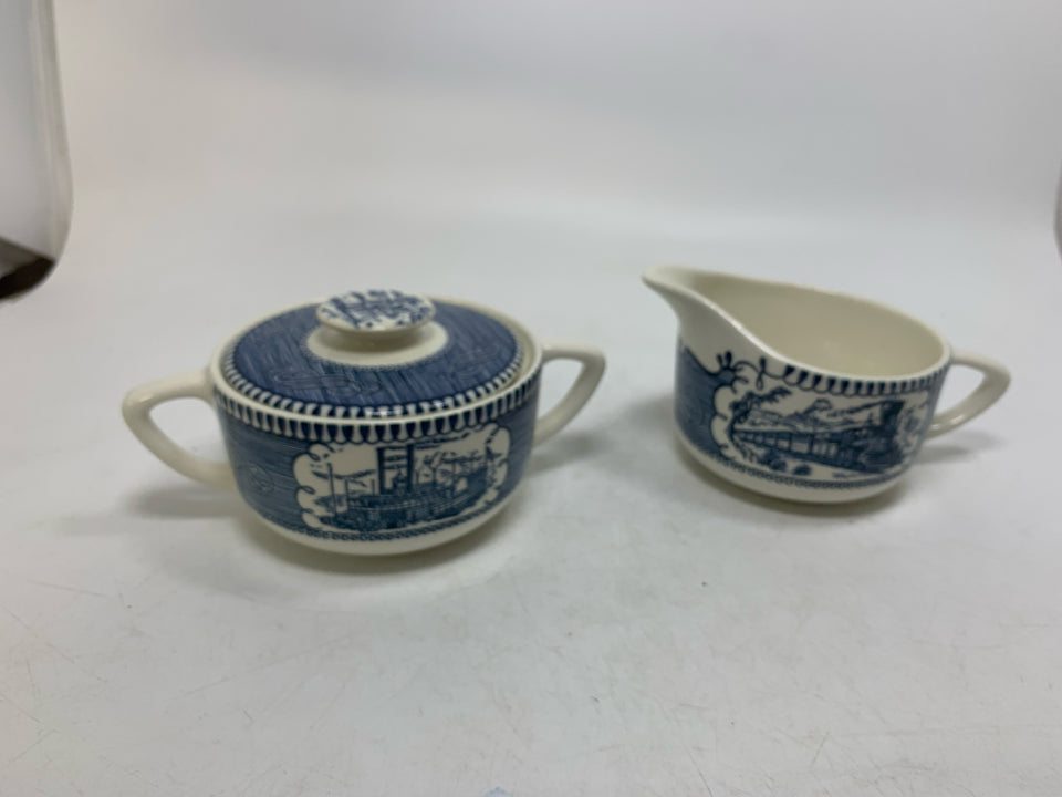 2 PC BLUE DETAILED STADIUM/TRAIN CREAMER/SUGAR BOWL.