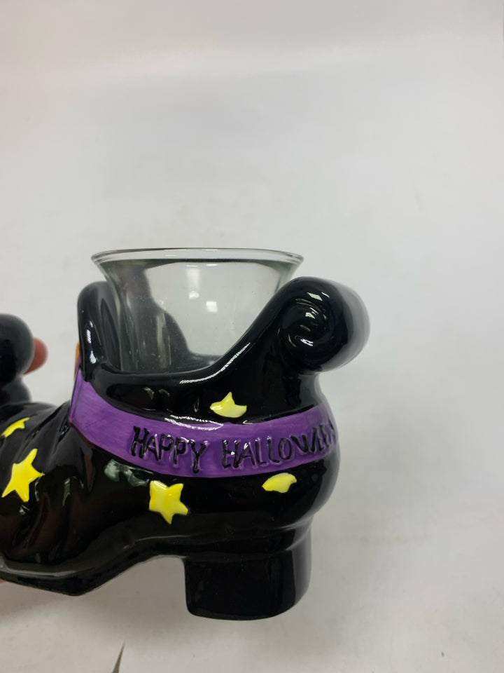 CERAMIC BLACK WITCH BOOT TEA LIGHT HOLDER.
