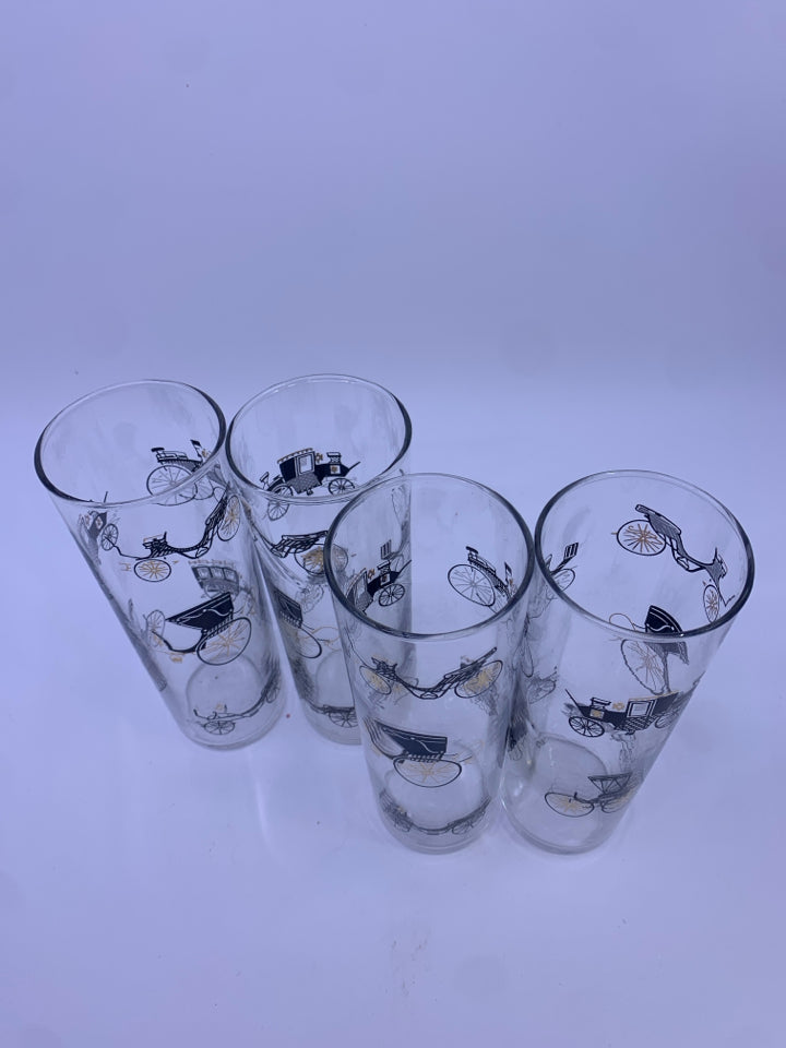 4 VTG HIGHBALL CARRIAGE PRINT GLASSES.