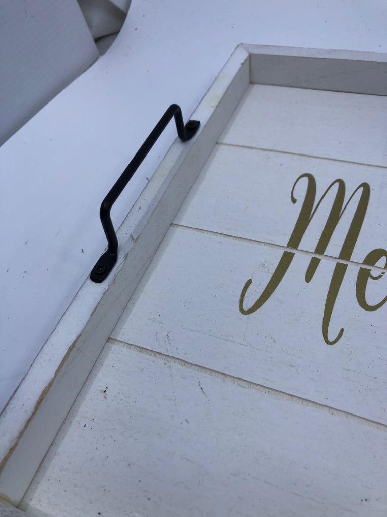 WHITE MERRY AND BRIGHT TRAY W BLACK HANDLES.