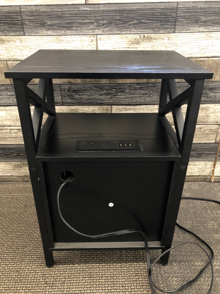 BLACK SIDE TABLE CABINET W/OUTLET USB PORTS.