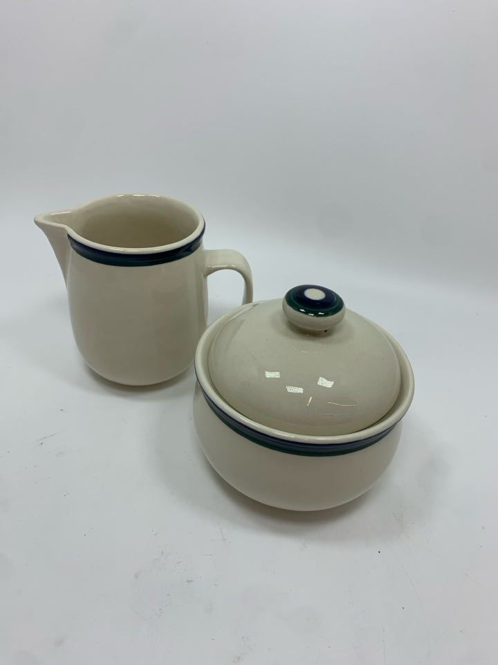 2PC CREAM BLUE RIM SUGAR CREAMER SET.
