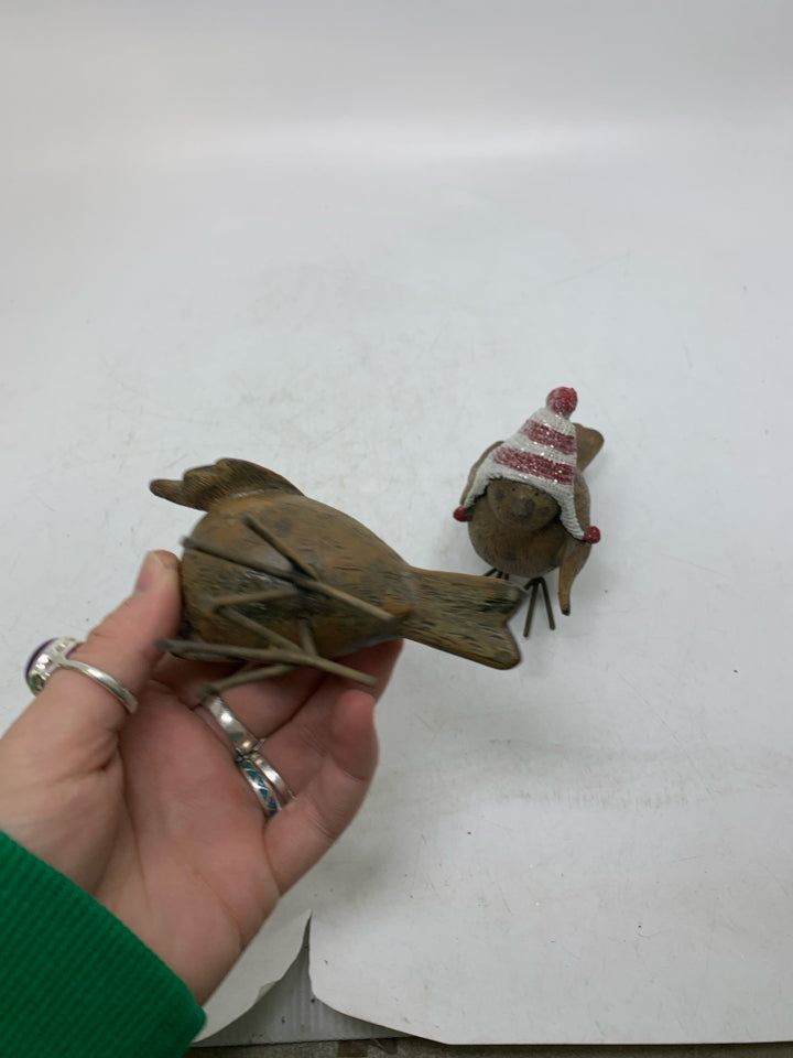 2 BROWN RESIN CHICKADEES W/ STRIPED GLITTER HATS.