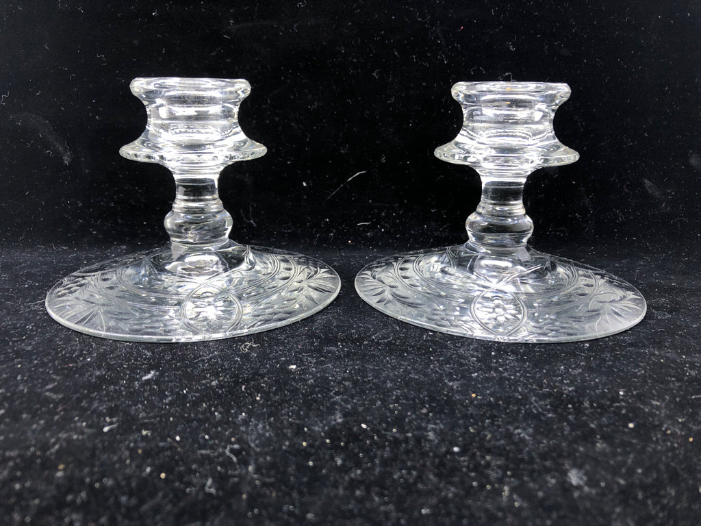 2 VTG GLASS CANDLE HOLDERS W FLOWER DESIGN.