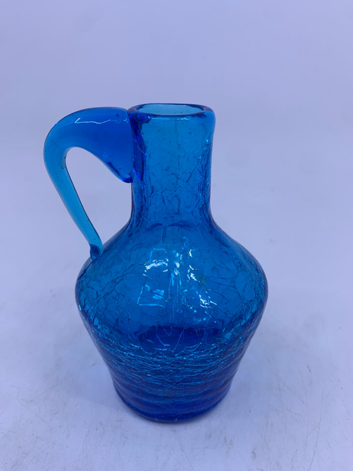 MINI BLUE CRACKLE GLASS PITCHER.