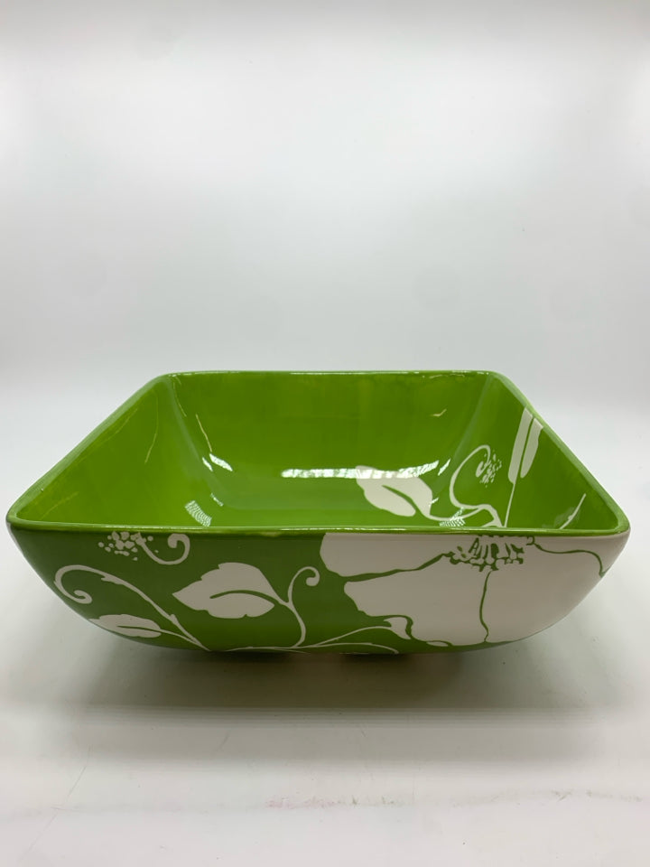 SQUARE GREEN HIBISCUS SERVING BOWL 9.