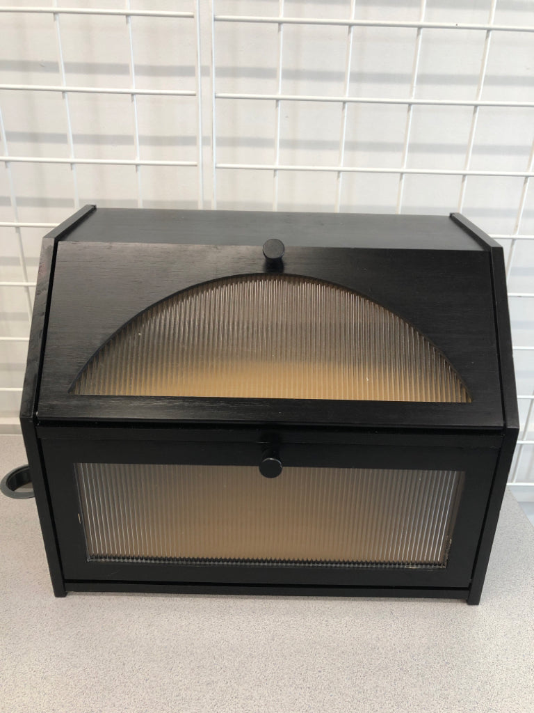2-SECTION BLACK WOODEN BREAD BOX.