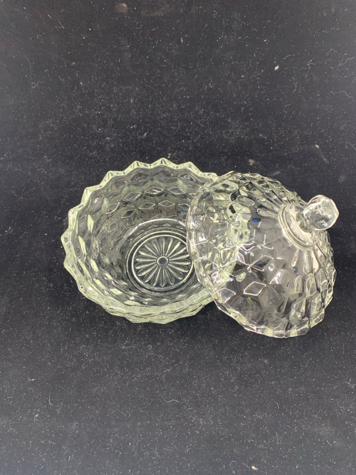 SMALL GLASS CANDY DISH W/ PATTERNS.