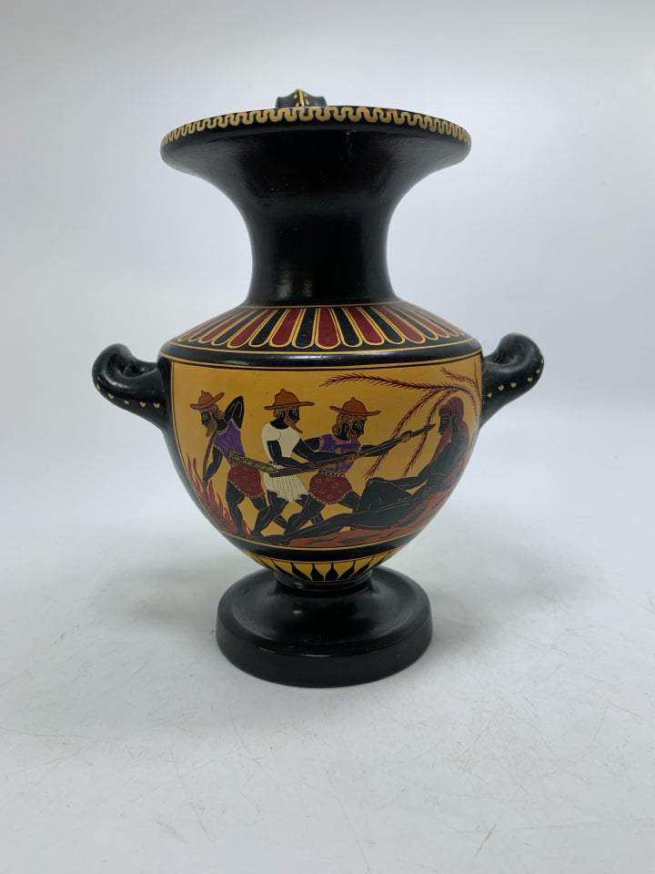 FOOTED GREEK STYLE REPRODUCTION VASE TRIPLE HANDLE.