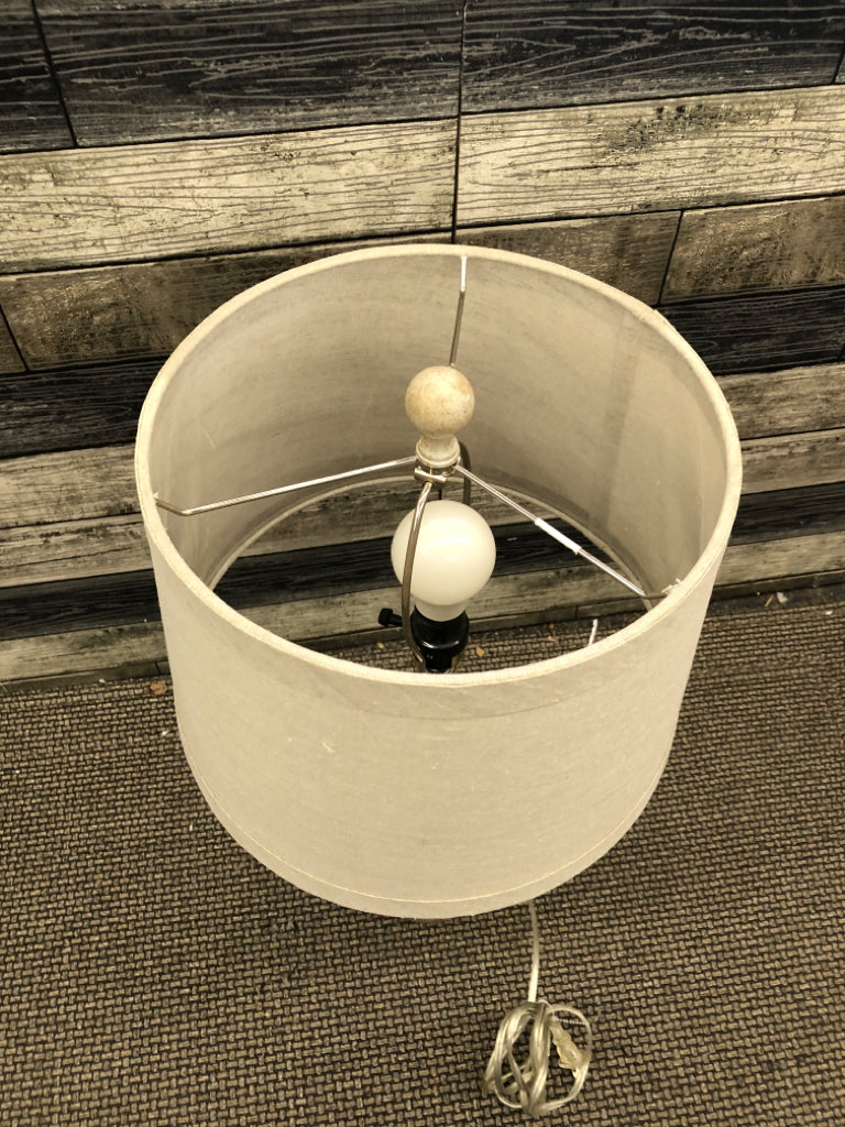 GREY WASHED BASE LAMP W GREY/TAN SHADE.