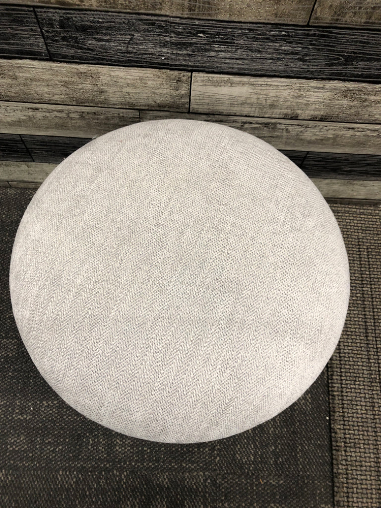 3 LEGGED DARK WOOD STOOL W/ GREY CUSHION.