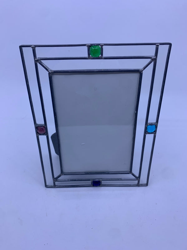 STAINED GLASS PHOTO FRAME W/ CLEAR GLASS GREEN,BLUE,PURPLE MARBLES.