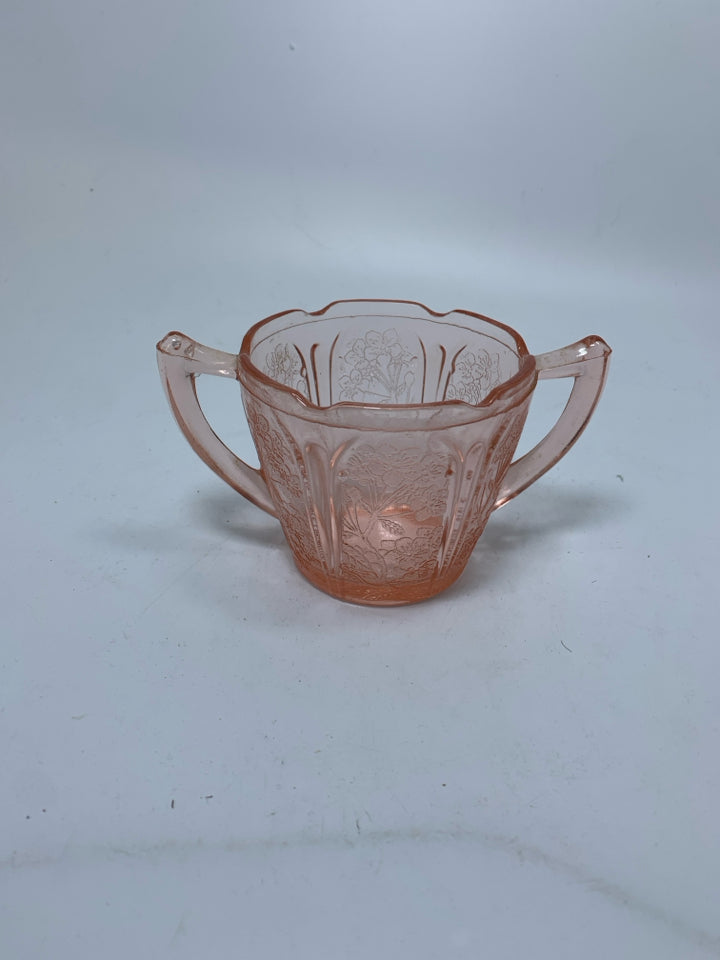 VTG DOUBLE HANDLE DEPRESSION GLASS W/ EMBOSSED FLOWERS.
