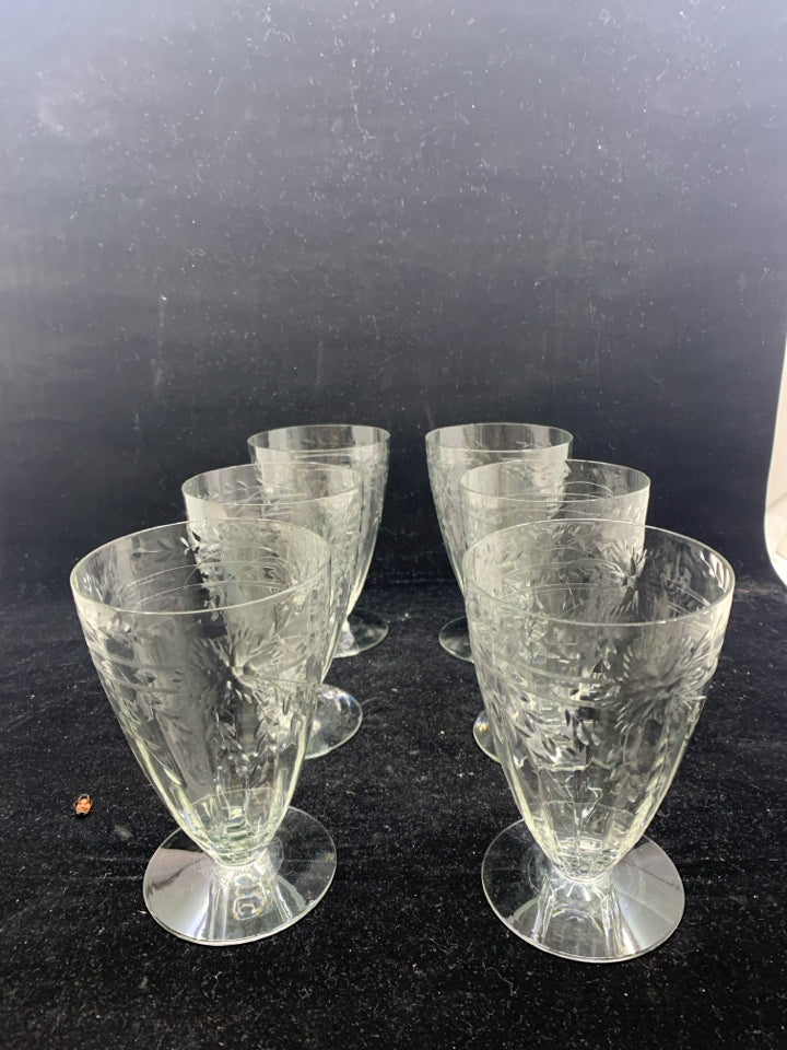 6 ETCHED DESSERT GLASSES.