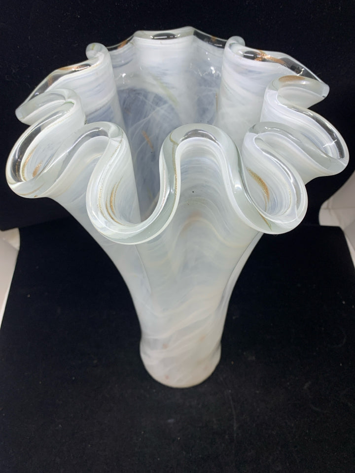 TALL WHITE GOLD SPECKLE GLASS VASE.