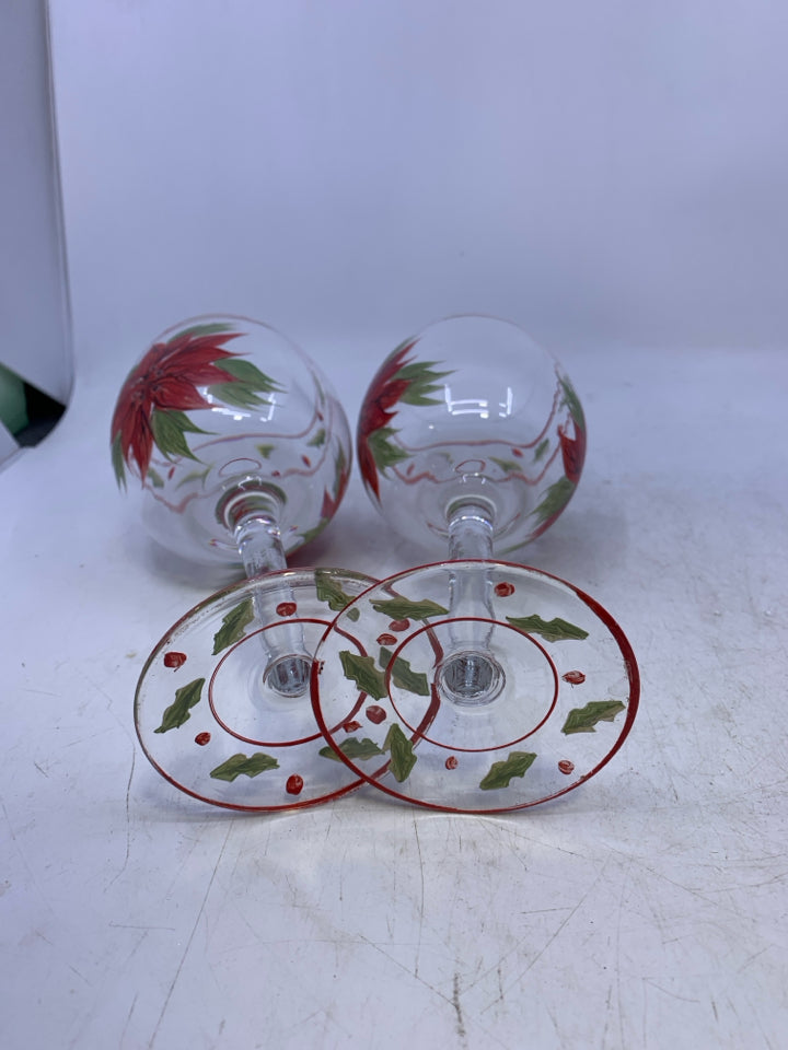 2 POINSETTIA PAINTED WINE GLASSES.