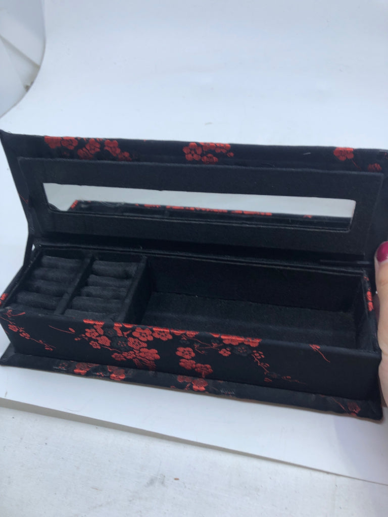 SMALL ASIAN STYLE BLACK W/ RED BLOSSOMS SILK JEWELRY BOX.
