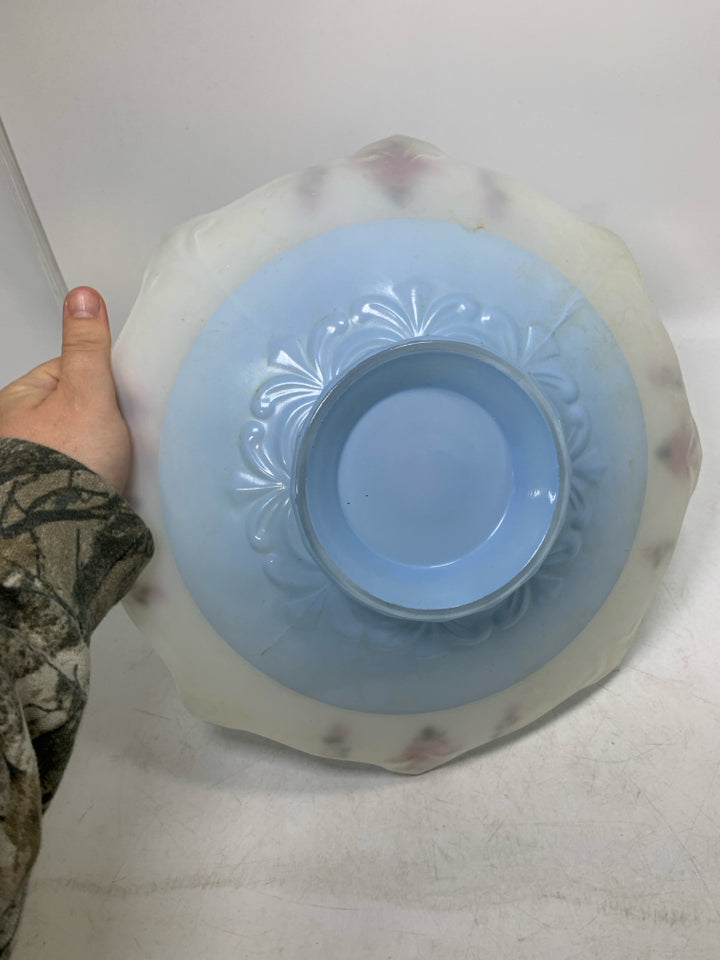 VTG GLASS CENTERPIECE BOWL W/ PINK FLOWERS UNEVEN EDGE.