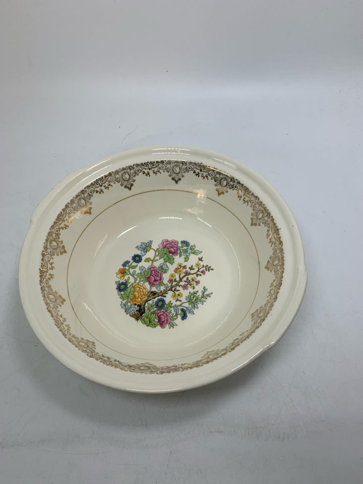 VTG SERVING BOWL W/ TREE COLORFUL FLOWERS IN CENTER GOLD DETAILED EDGE SMALL HAN
