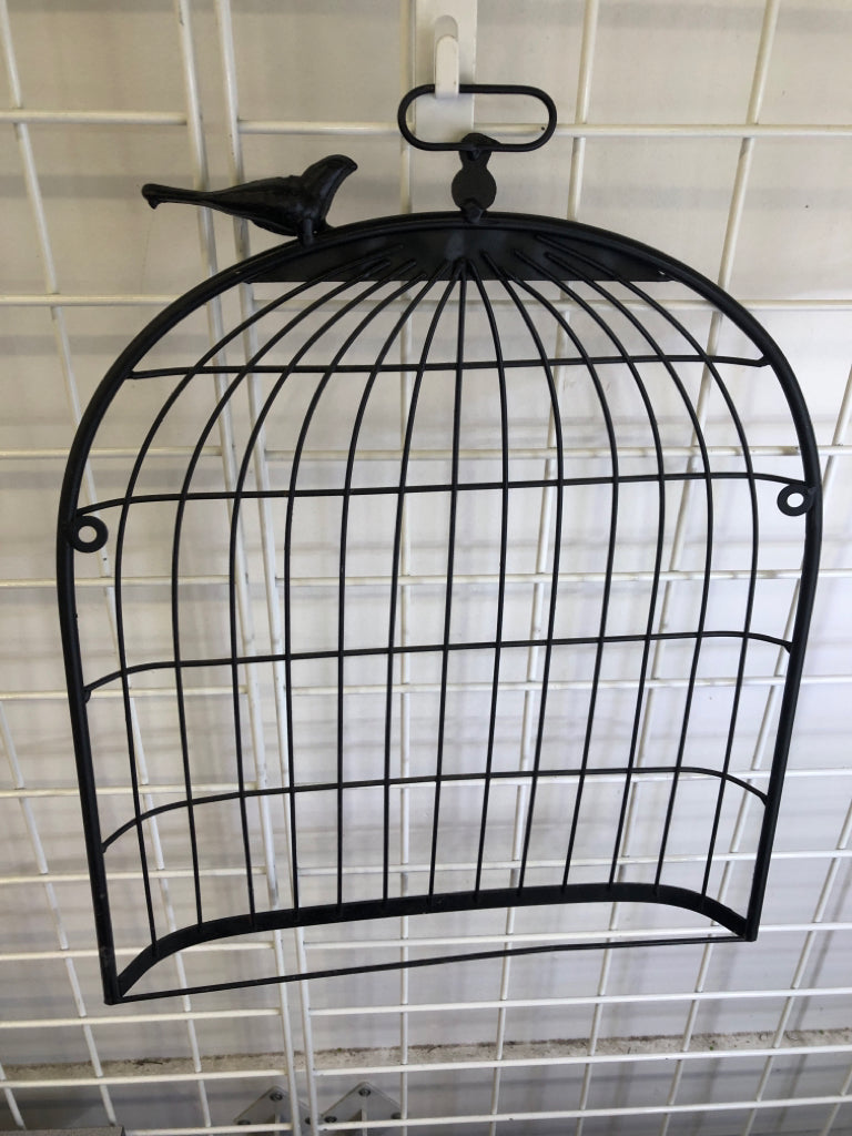 BLACK BIRD CAGE WALL HANGING W/BIRD ON TOP.