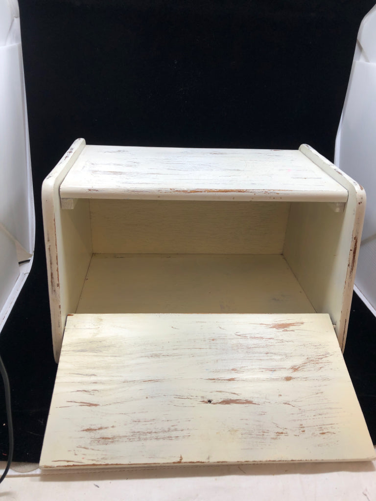 DISTRESSED WHITE BREAD BOX.