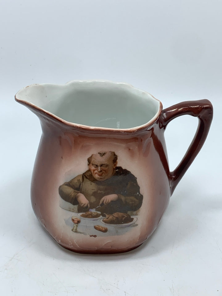 VTG MONK PAINTED PORCELAIN PITCHER- GERMANY.