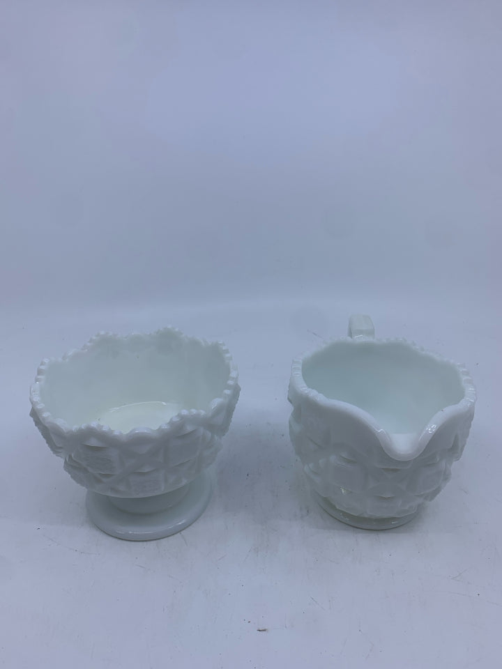 VTG CUT GLASS STAR PATTERN SUGAR AND CREAMER.