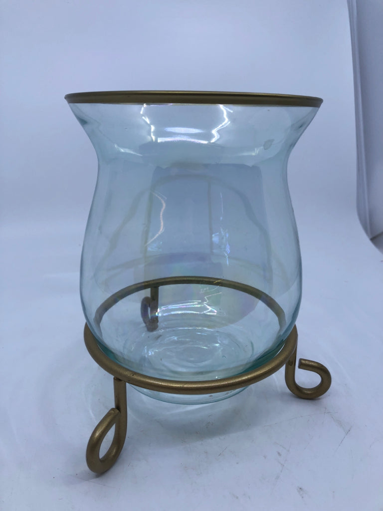 IRIDESCENT BLUE GLASS CANDLE HOLDER W/ GOLD STAND + RIM.