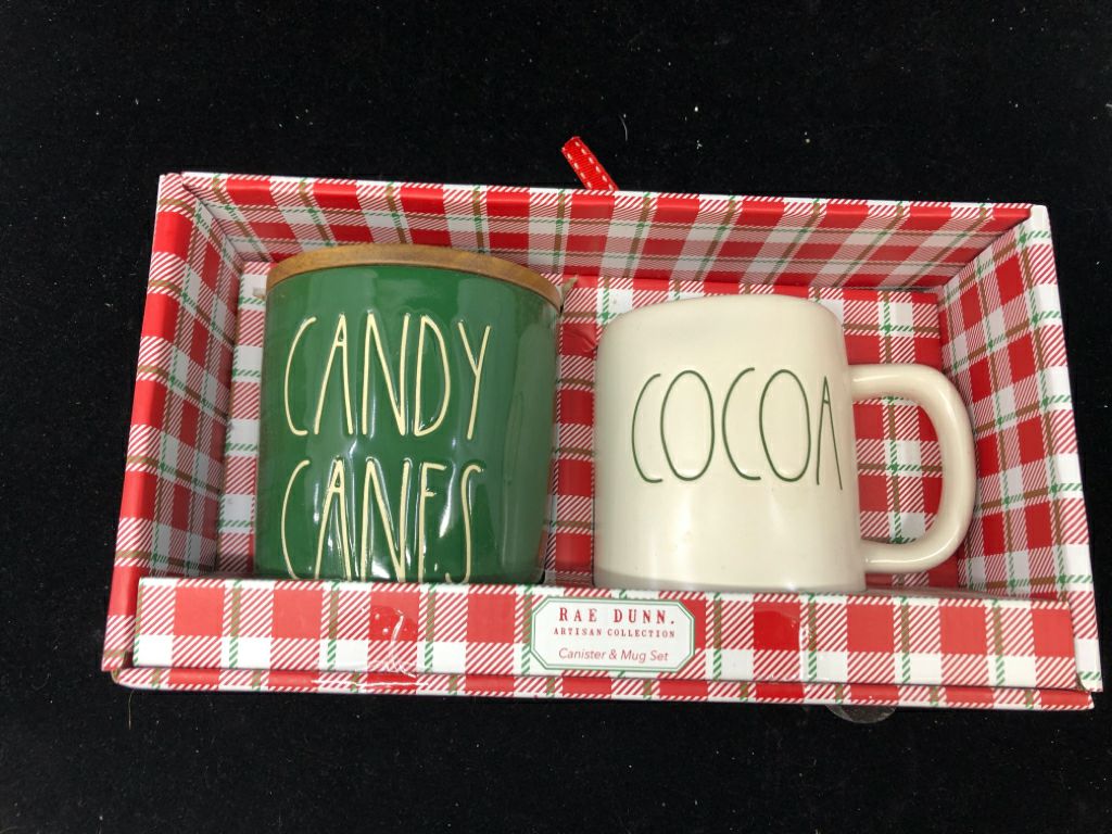 NIB RAE DUNN CANDY CANE CANISTER/ COCOA MUG SET.