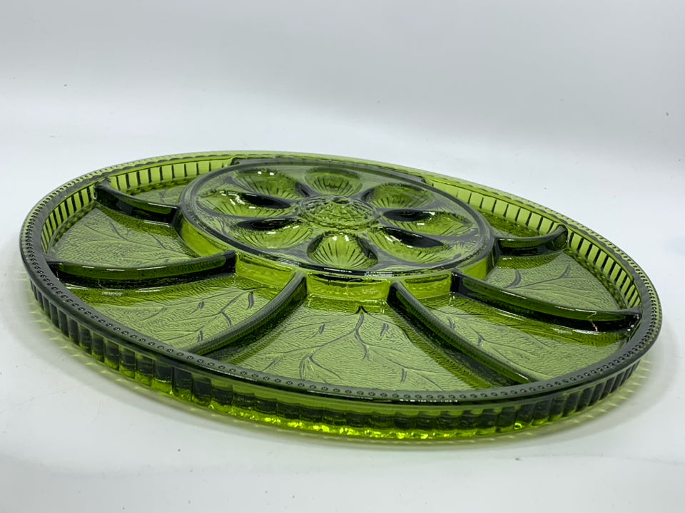 VTG GREEN GLASS EGG AND RELISH SERVING PLATE.