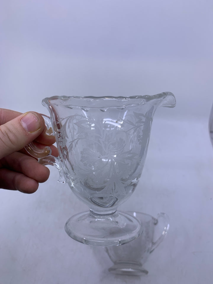 2PC VTG ETCHED GLASS CREAM + SUGAR BOWL