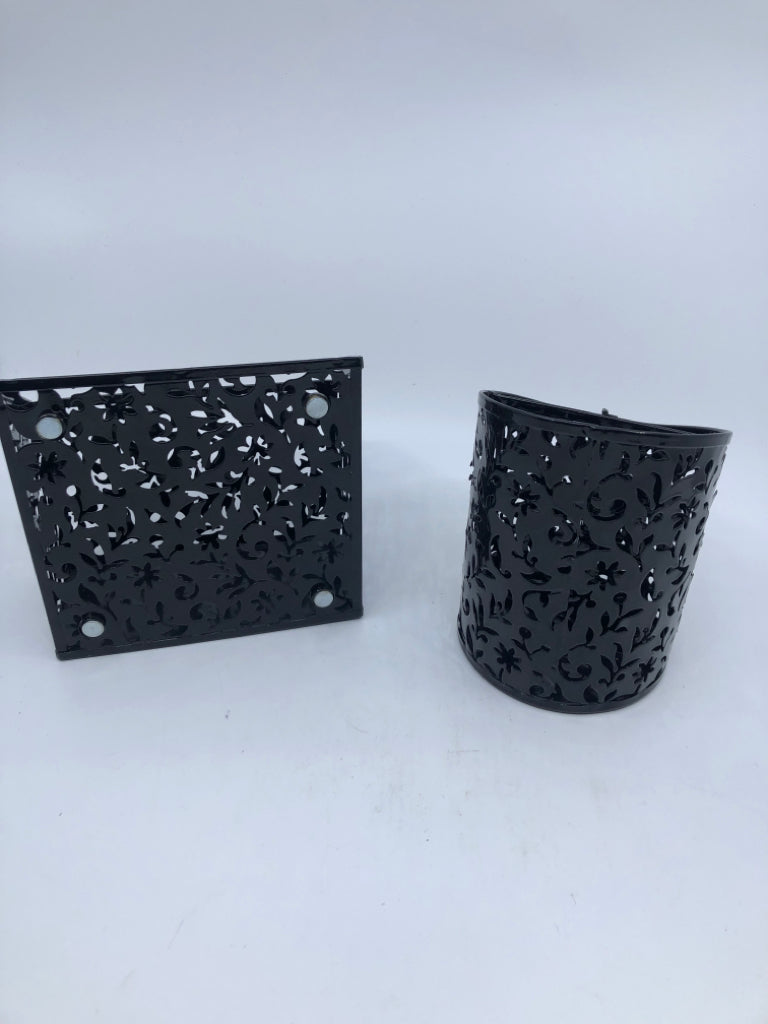 2 PC BLACK PIERCED METAL PENCIL CUP/STORAGE MAGNETIC.